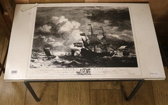 A Terence Conran coffee table with a picture of a ship, W.75cm